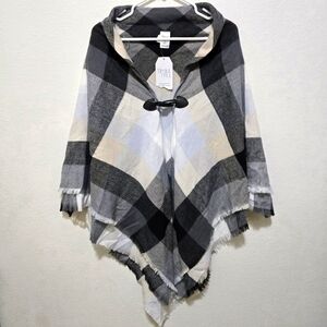​Time and Tru Plaid Poncho Fringe Trim Toggle Closure Size Large / XL